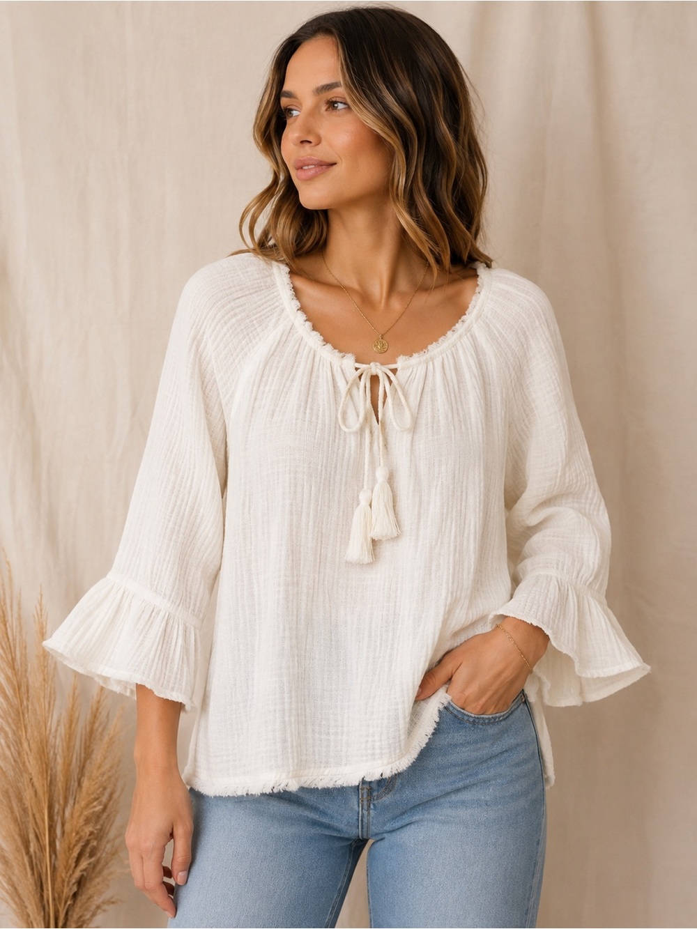 NEWBURY KUSTOM | Cream Gauze Peasant Blouse with Tassel Ties